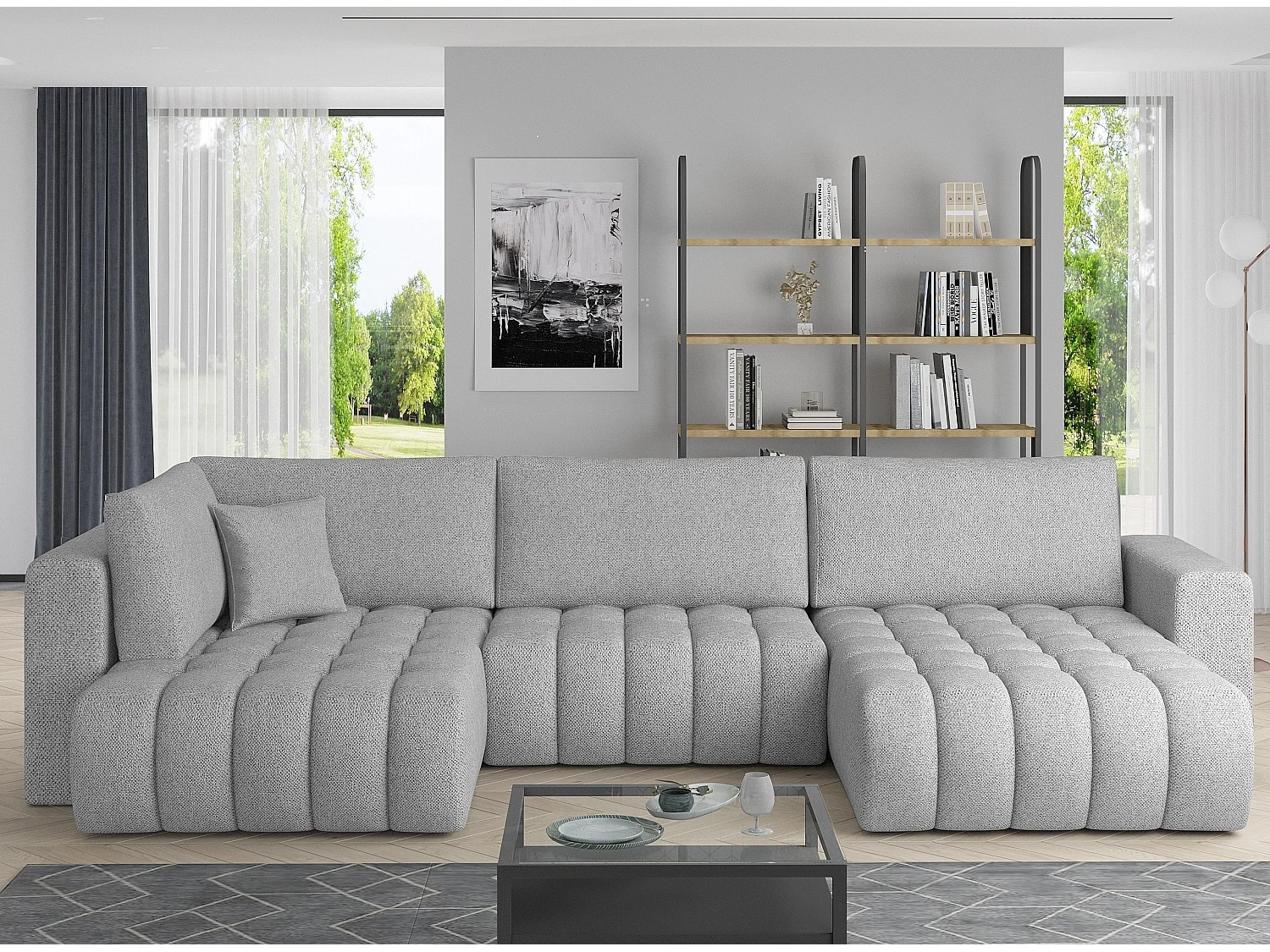 Canapé panoramique convertible design capitonné tissu gris clair chiné méridienne droite Boston 350cm