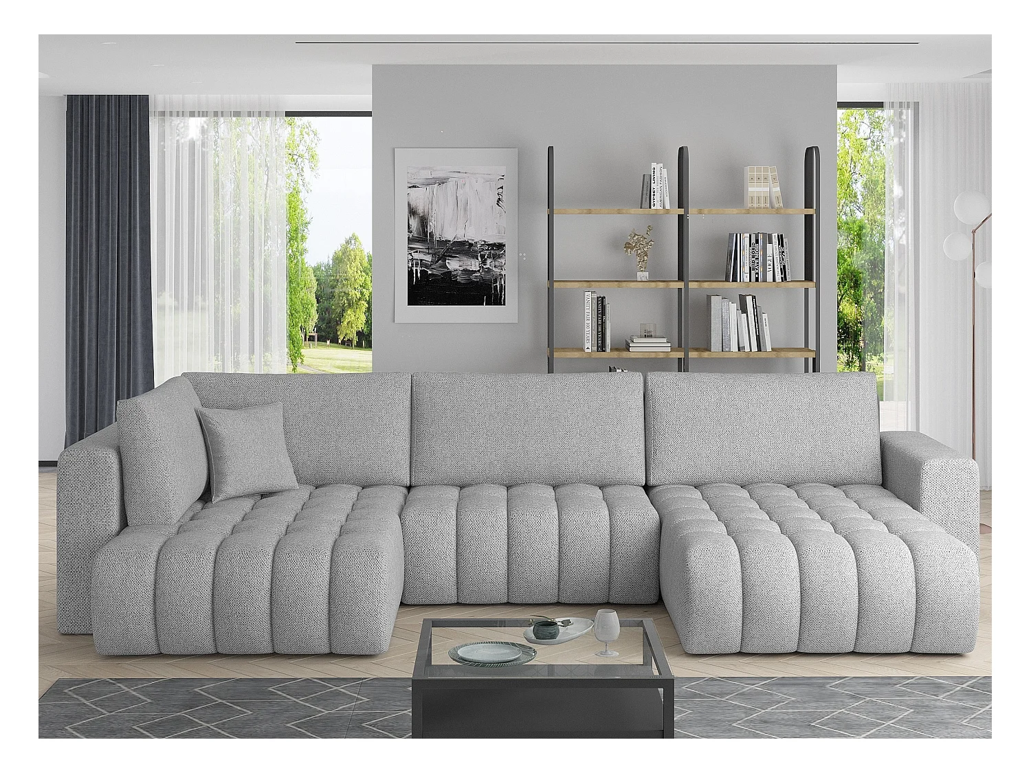 Panoramische converteerbare designbank gecapitonneerd in lichtgrijs gemêleerde stof rechts chaise longue Boston 350 cm