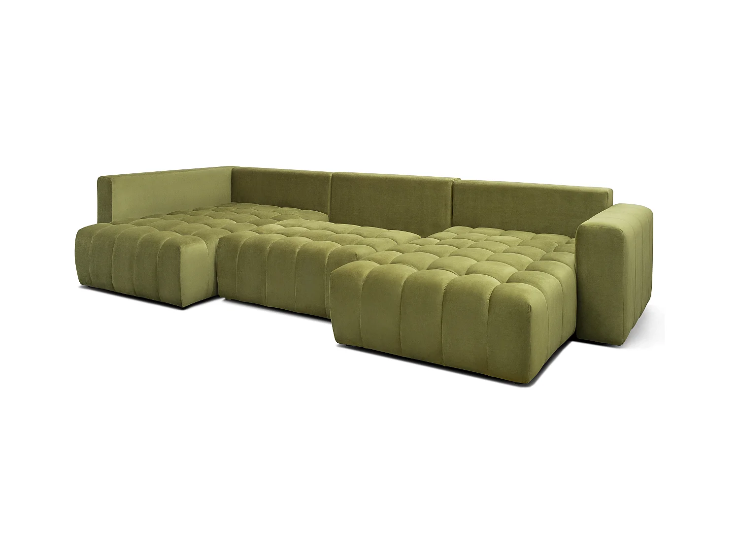 Panoramische converteerbare designbank gecapitonneerd in lichtgrijs gemêleerde stof rechts chaise longue Boston 350 cm