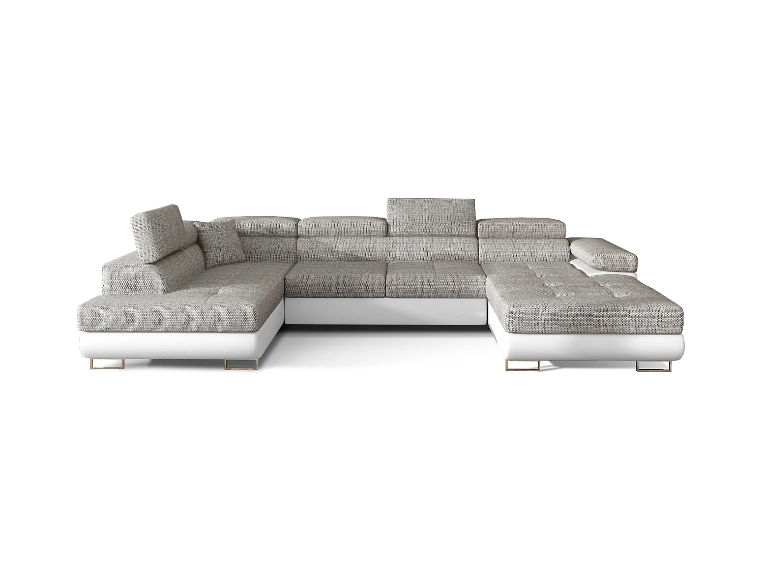 Canapé panoramique tissu gris clair chiné et simili cuir blanc convertible avec coffre de rangement Romano 345cm-Coffre de rangement à gauche