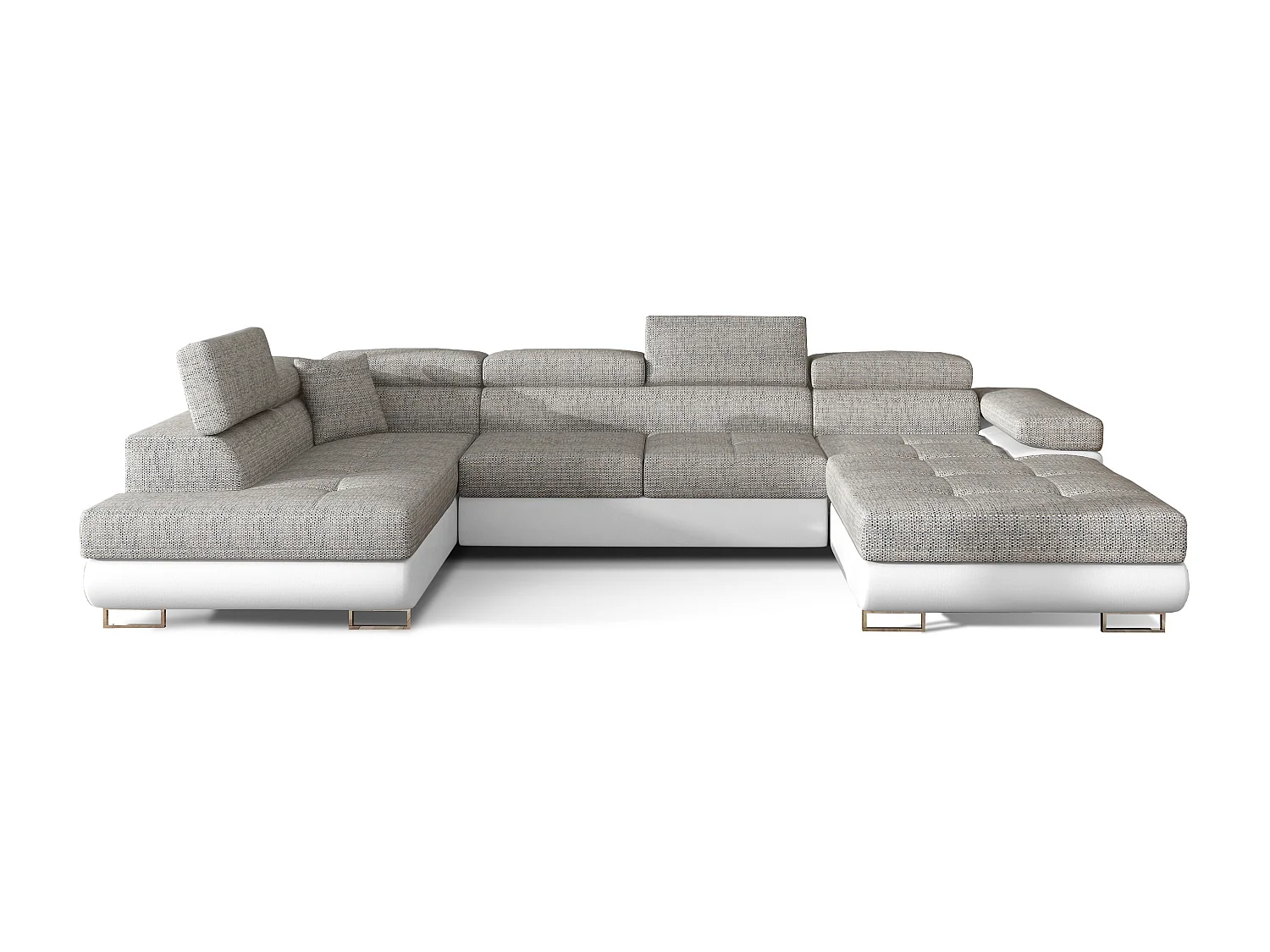 Canapé panoramique tissu gris clair chiné et simili cuir blanc convertible avec coffre de rangement Romano 345cm-Coffre de rangement à gauche