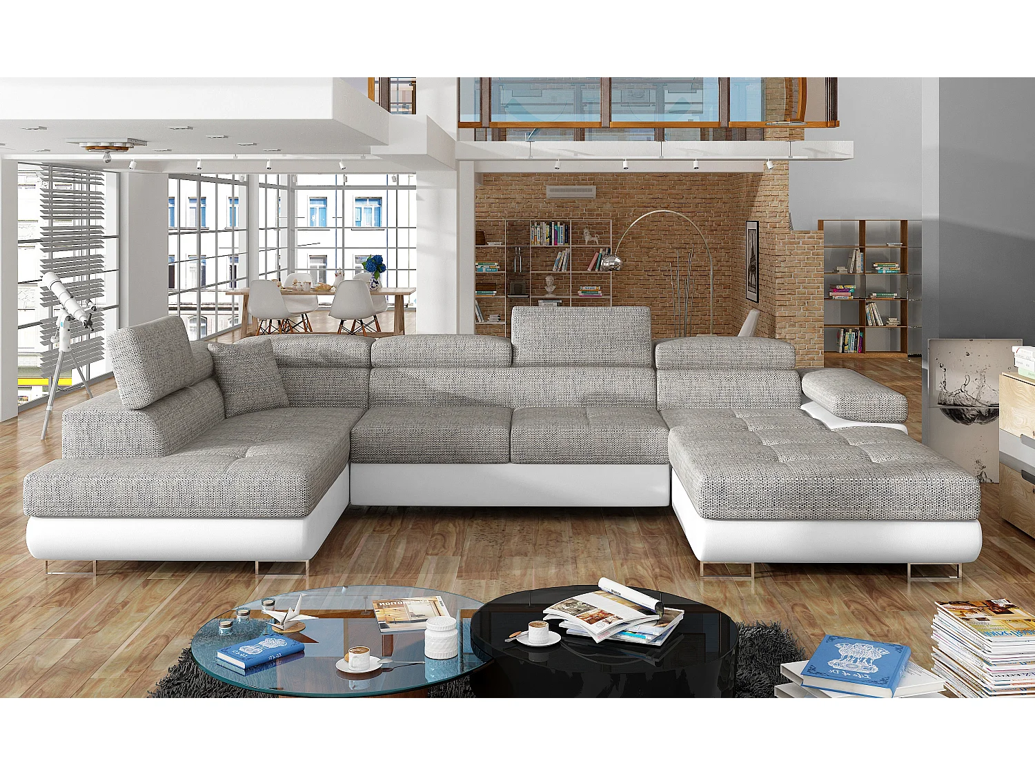 Canapé panoramique tissu gris clair chiné et simili cuir blanc convertible avec coffre de rangement Romano 345cm-Coffre de rangement à gauche