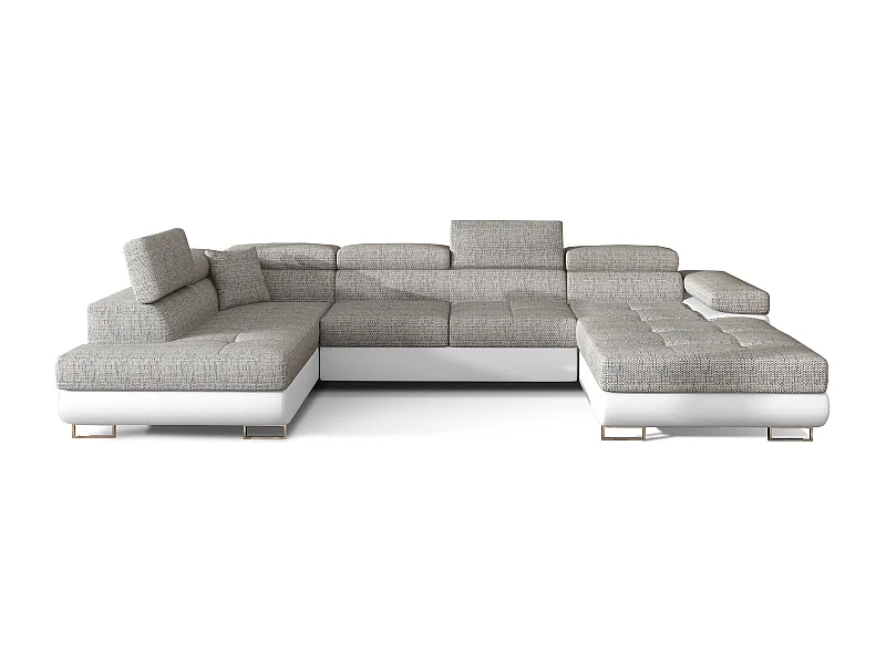Canapé panoramique tissu gris clair chiné et simili cuir blanc convertible avec coffre de rangement Romano 345cm-Coffre de rangement à gauche