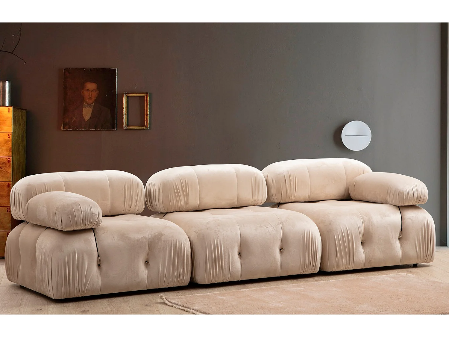 Canapé modulable 3 places velours Bubble-Couleur Beige clair