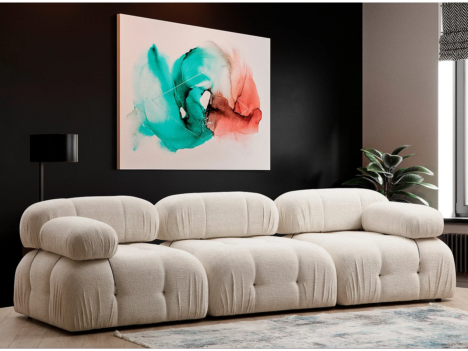 Canapé modulable 3 places velours Bubble-Couleur Beige clair