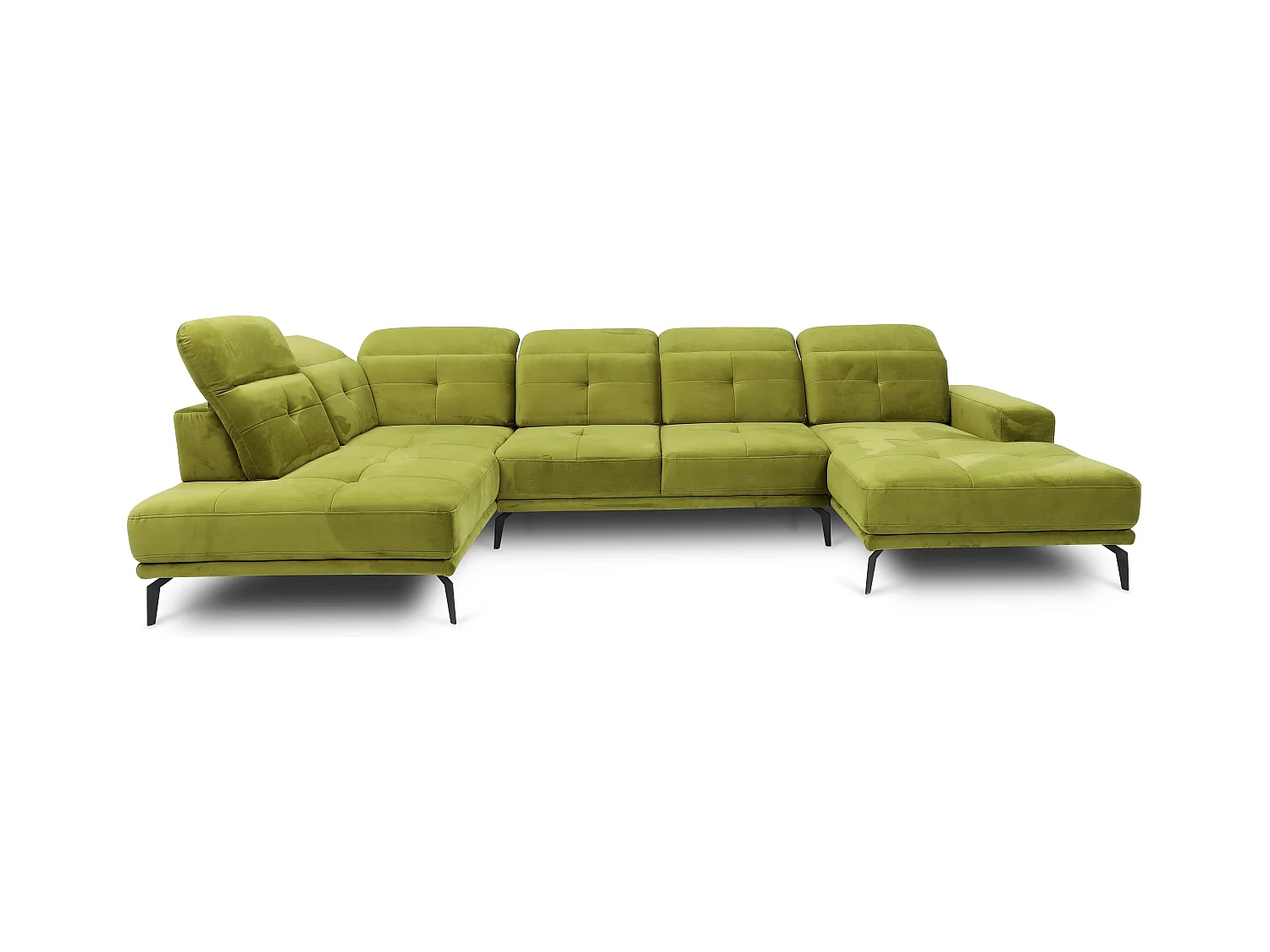 Canapé panoramique moderne velours vert kaki têtières angle gauche Versus 350cm