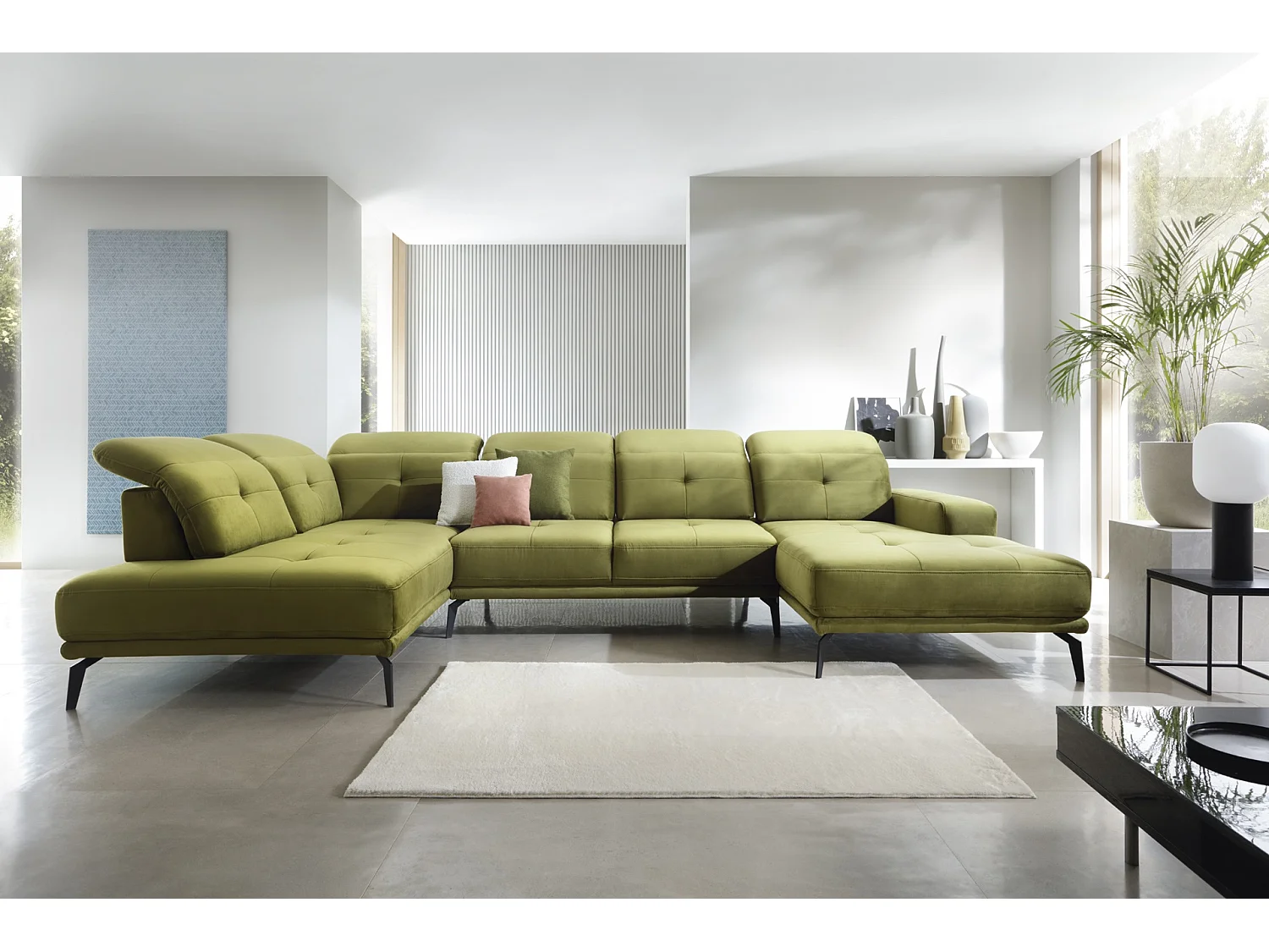 Canapé panoramique moderne velours vert kaki têtières angle gauche Versus 350cm