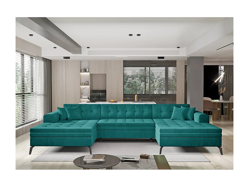 Canapé panoramique convertible velours capitonné vert Romy 350cm