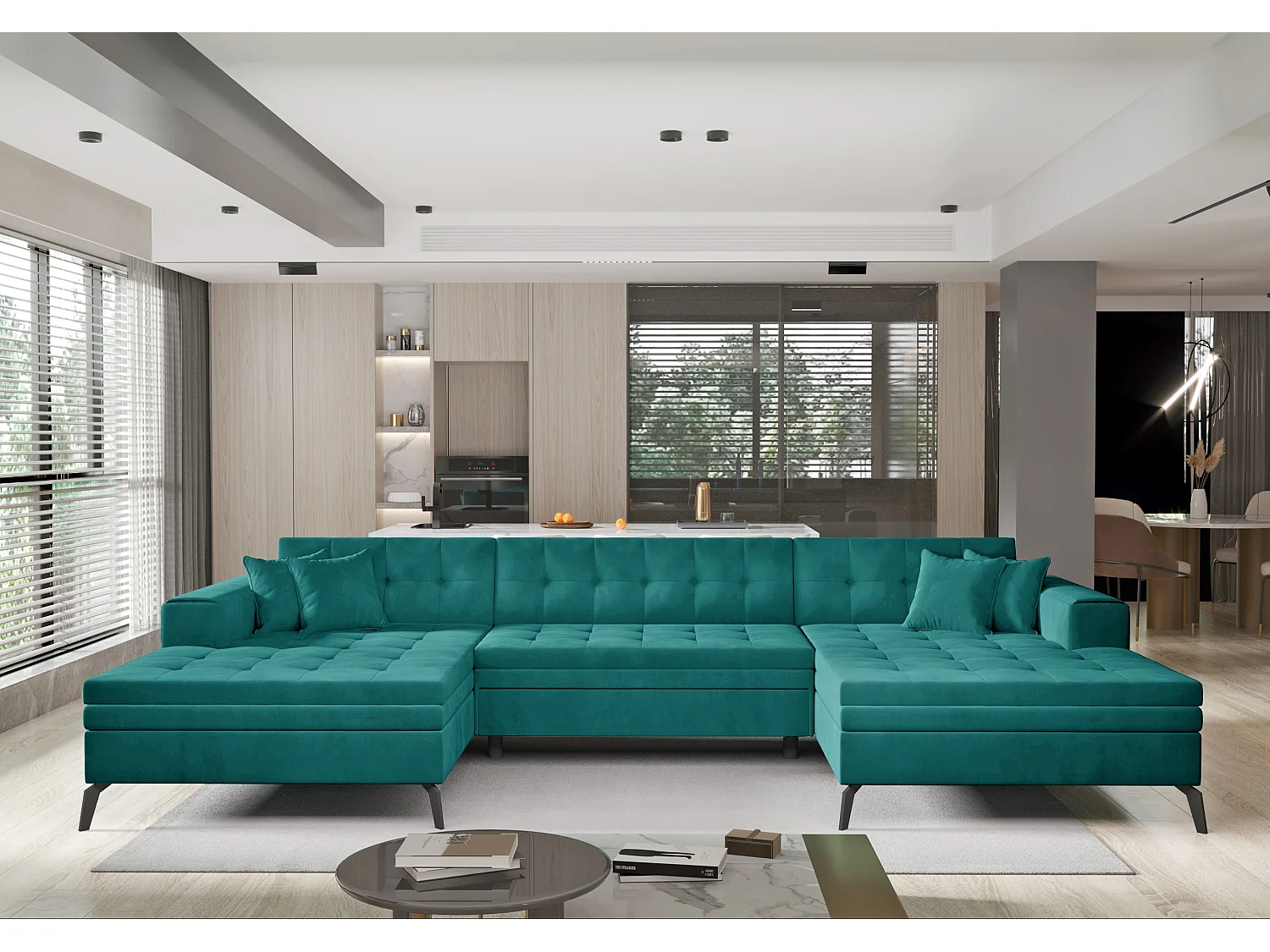 Canapé panoramique convertible velours capitonné vert Romy 350cm