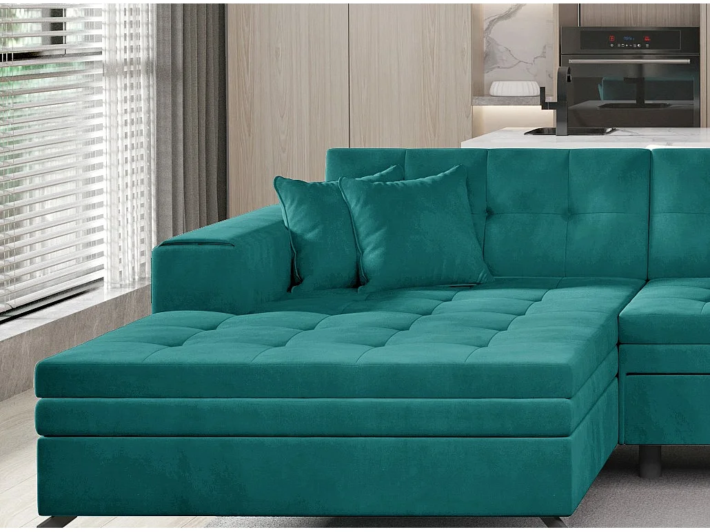 Canapé panoramique convertible velours capitonné vert Romy 350cm