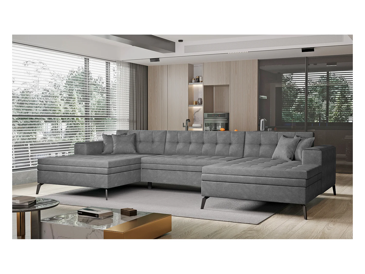 Canapé panoramique convertible velours capitonné vert Romy 350cm