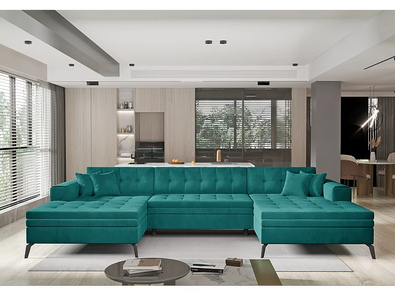 Romy groene gestoffeerde fluwelen converteerbare panoramische bank 350 cm