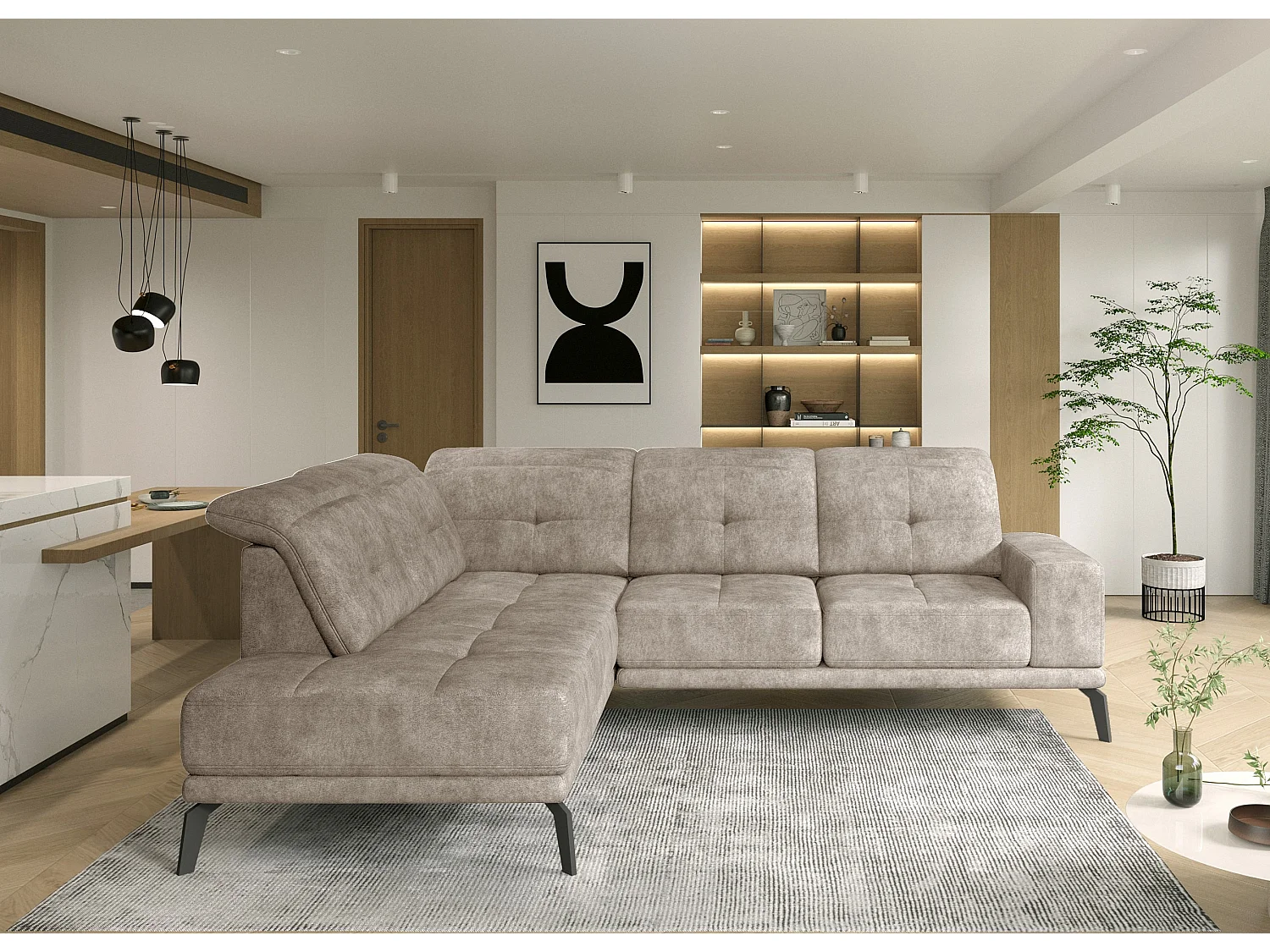 Canapé d'angle gauche vintage matelassé tissu vintage effet cuir beige et pied noir Kazane 275cm