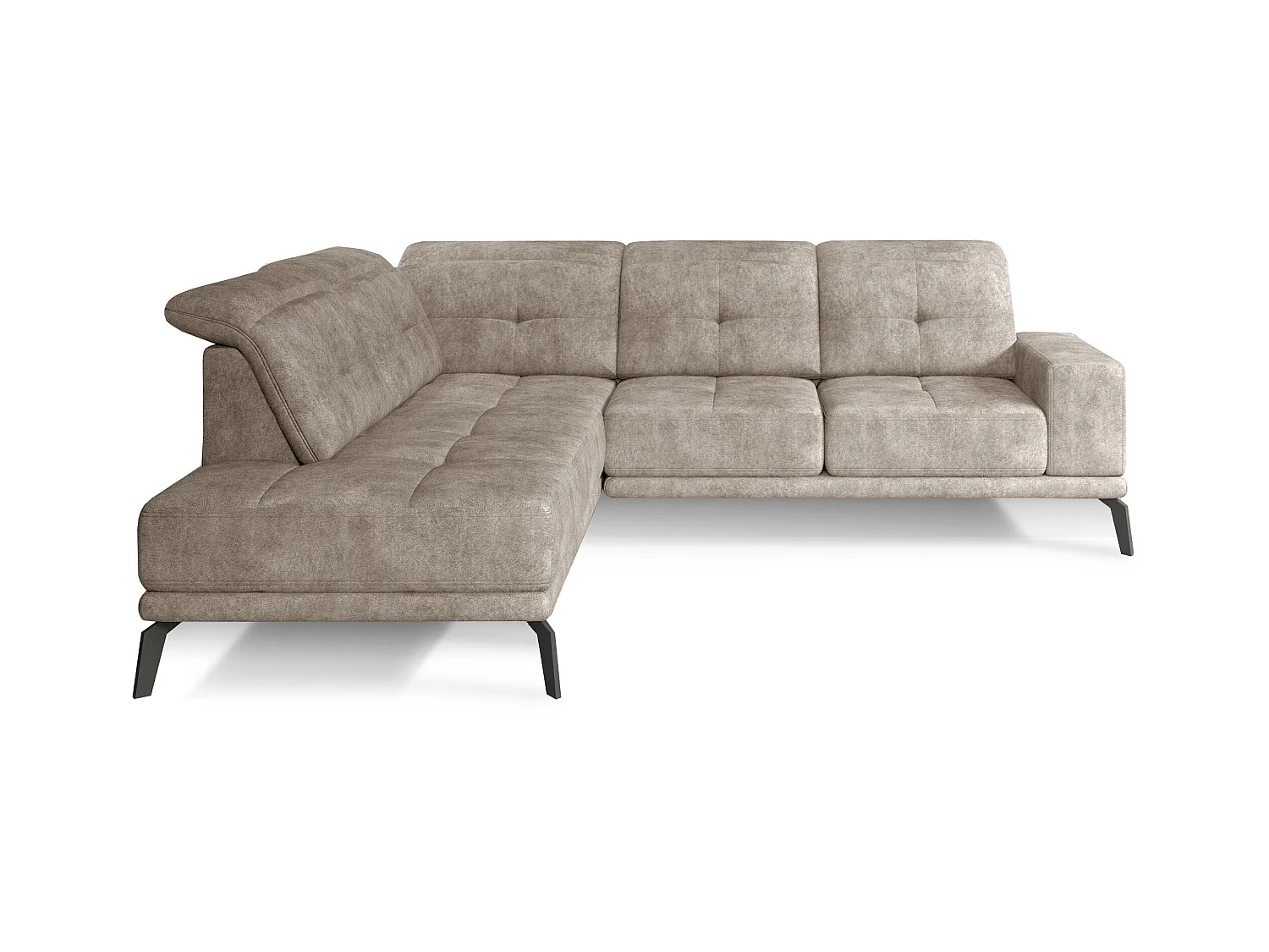 Canapé d'angle gauche vintage matelassé tissu vintage effet cuir beige et pied noir Kazane 275cm