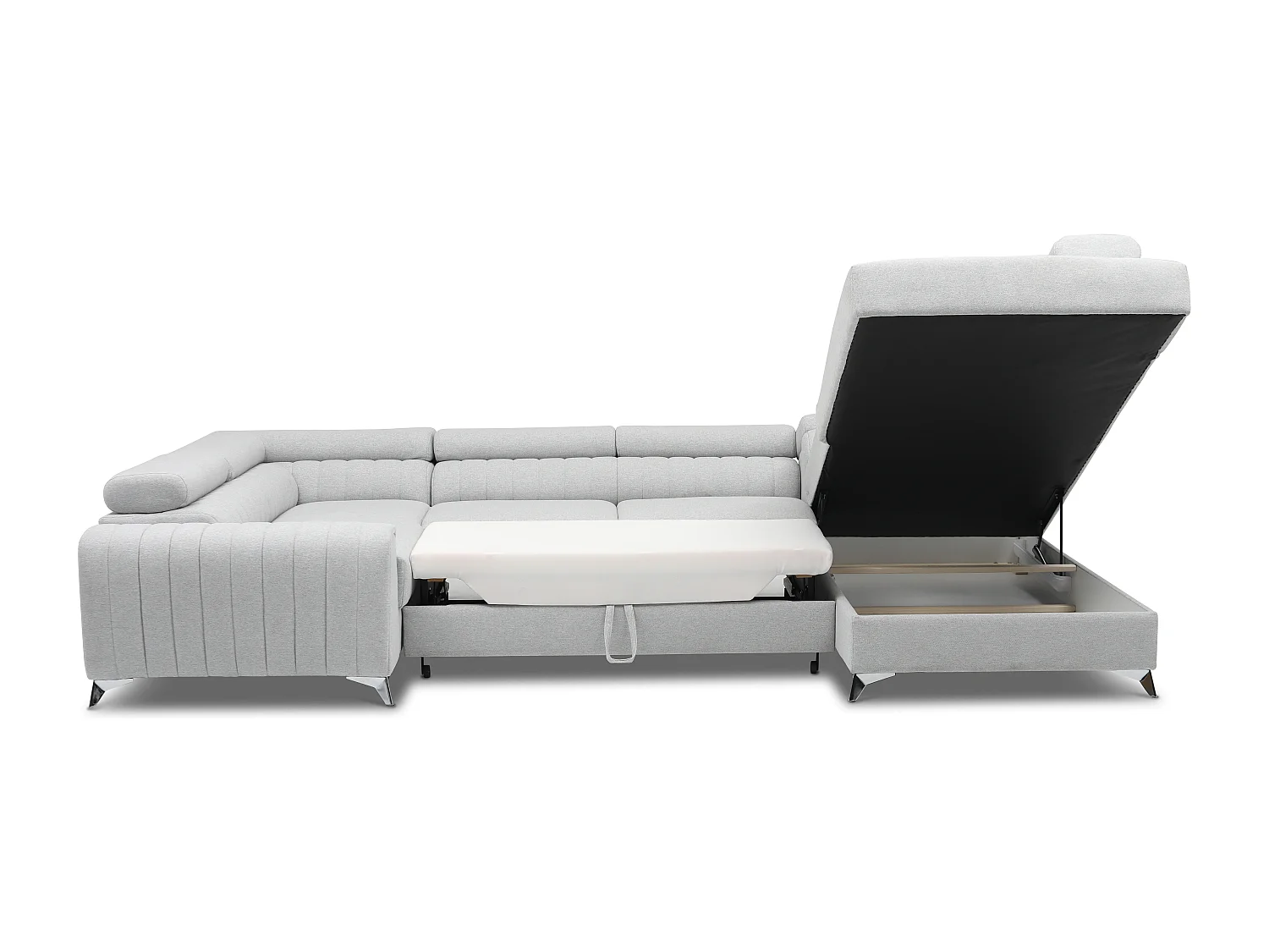 Canapé panoramique convertible tissu anthracite avec coffre de rangement Louve 340cm-Coffre de rangement à droite