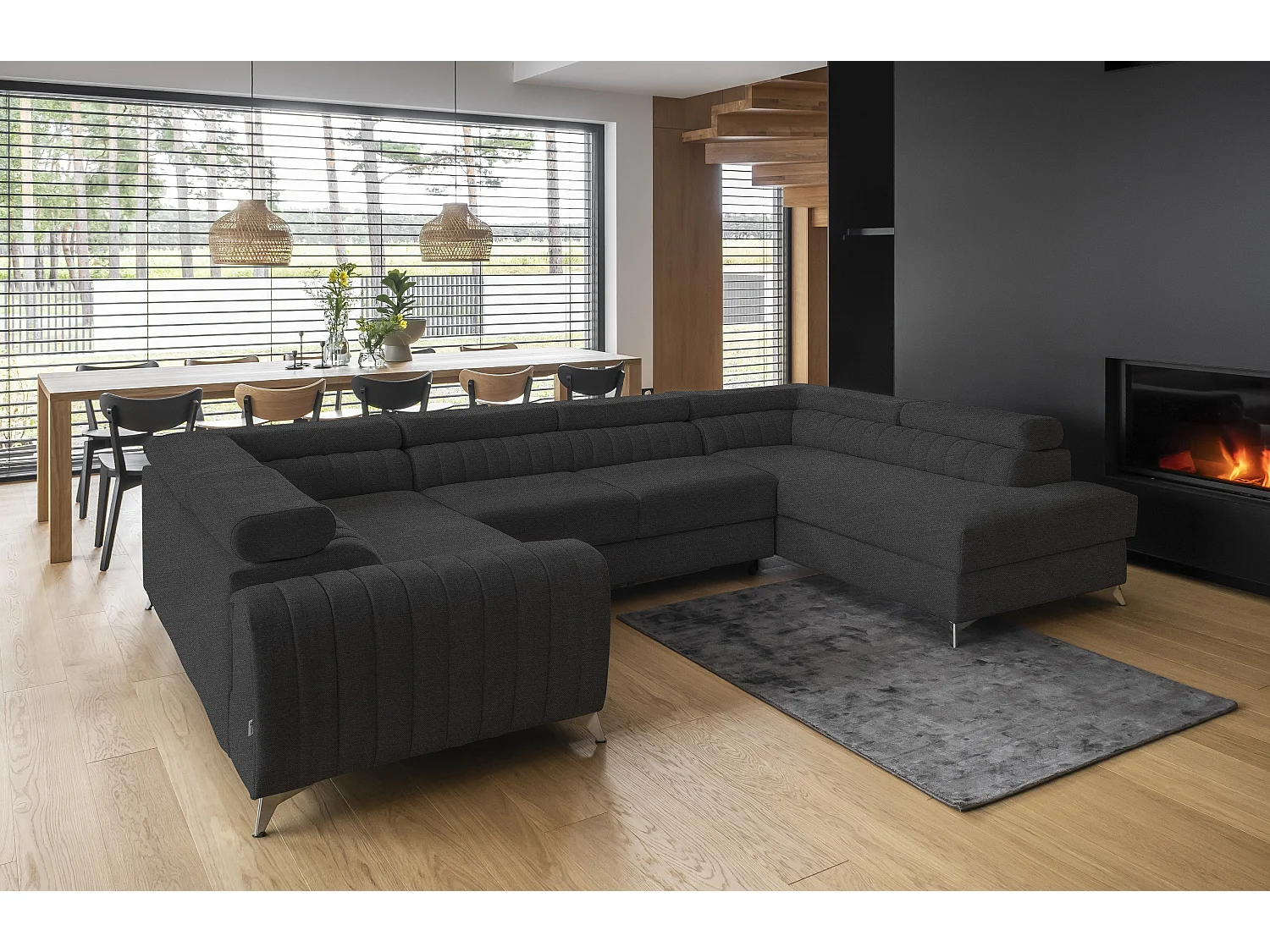 Canapé panoramique convertible LOUVE tissu - Rangement et têtières réglables-Gris foncé chiné-Coffre à droite