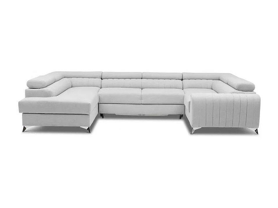 Canapé panoramique convertible LOUVE tissu - Rangement et têtières réglables-Gris foncé chiné-Coffre à droite