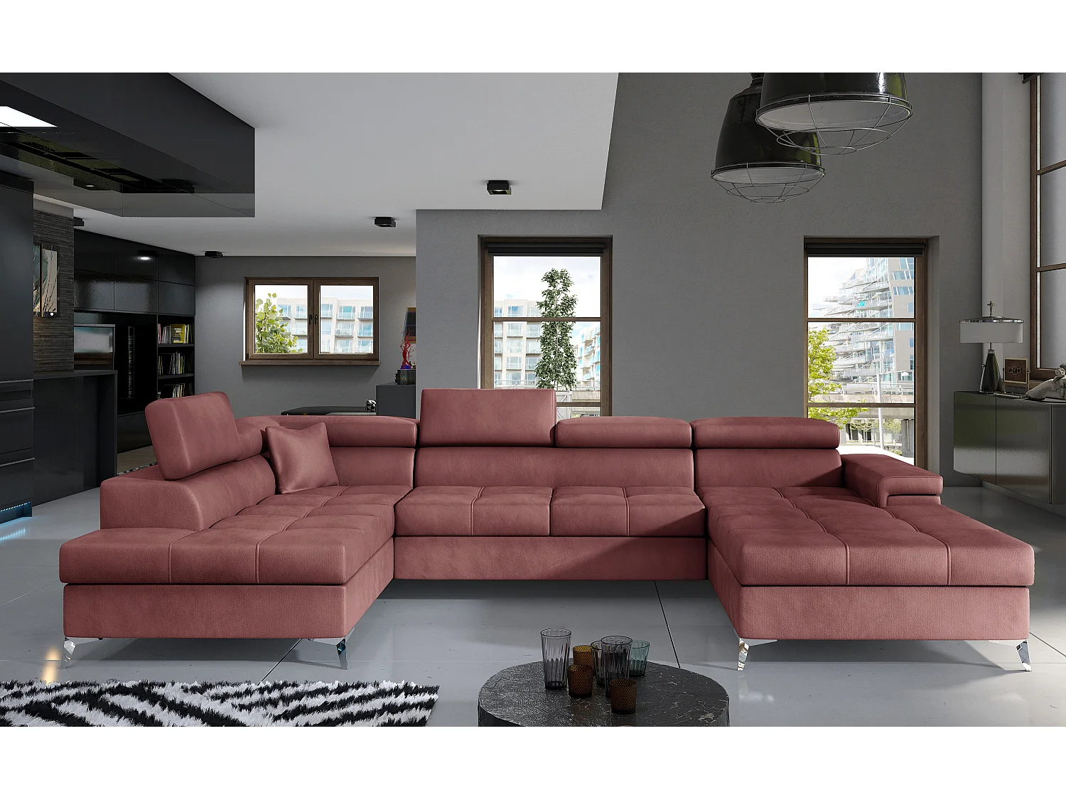 Canapé panoramique velours rose cuivré coffre de rangement à gauche Kutty 345cm