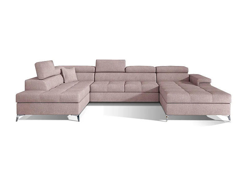 Canapé panoramique tissu rose clair coffre de rangement à gauche Kutty 345cm