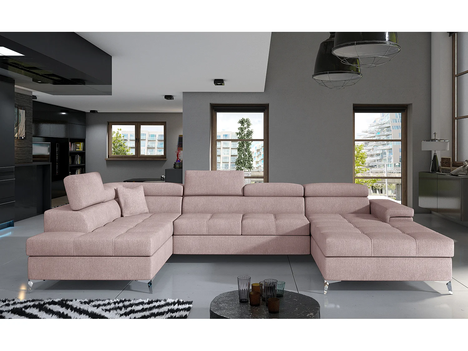 Panoramische bank lichtroze stoffen opbergbox links Kutty 345 cm