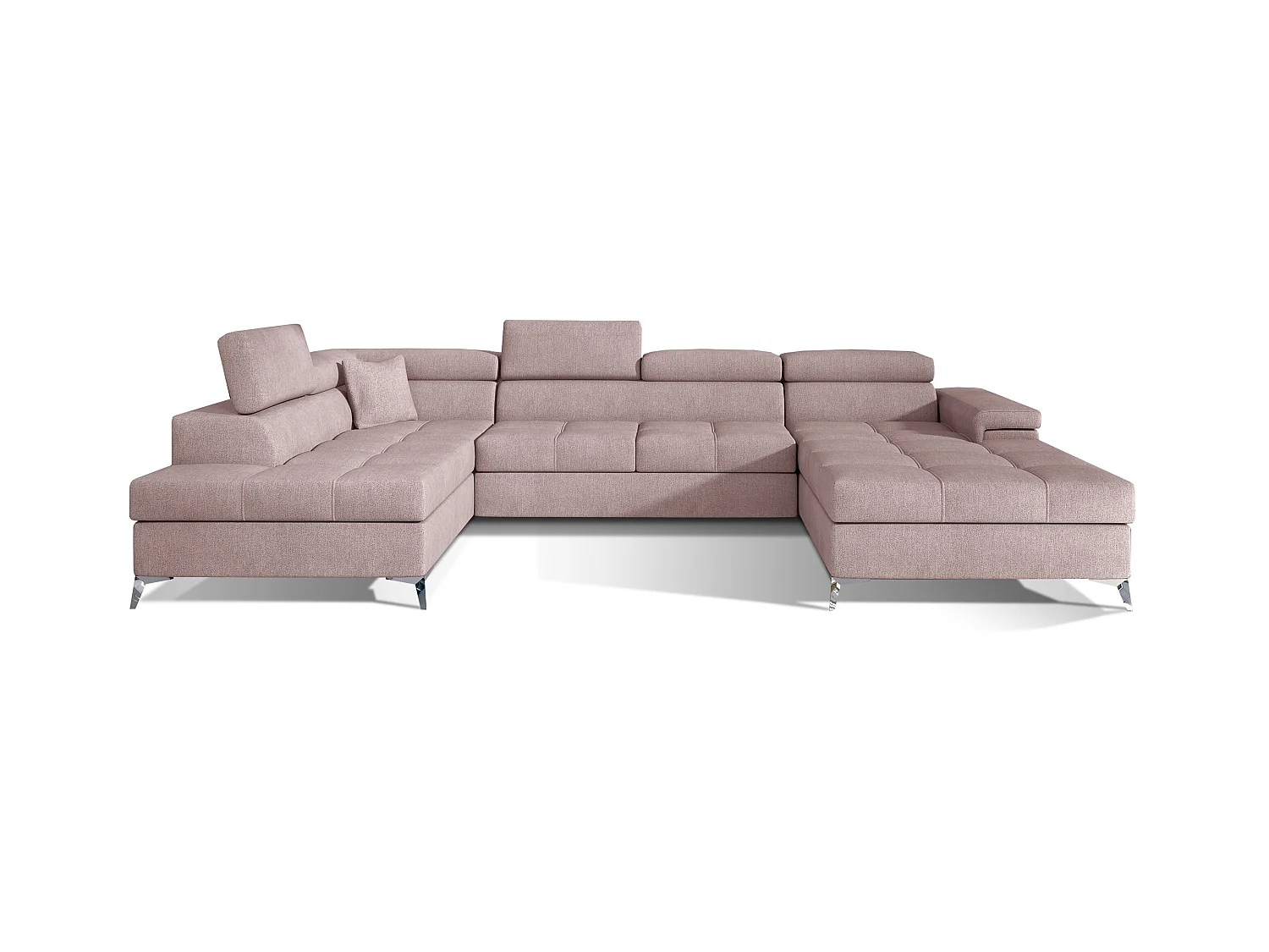 Canapé panoramique tissu rose clair coffre de rangement à gauche Kutty 345cm