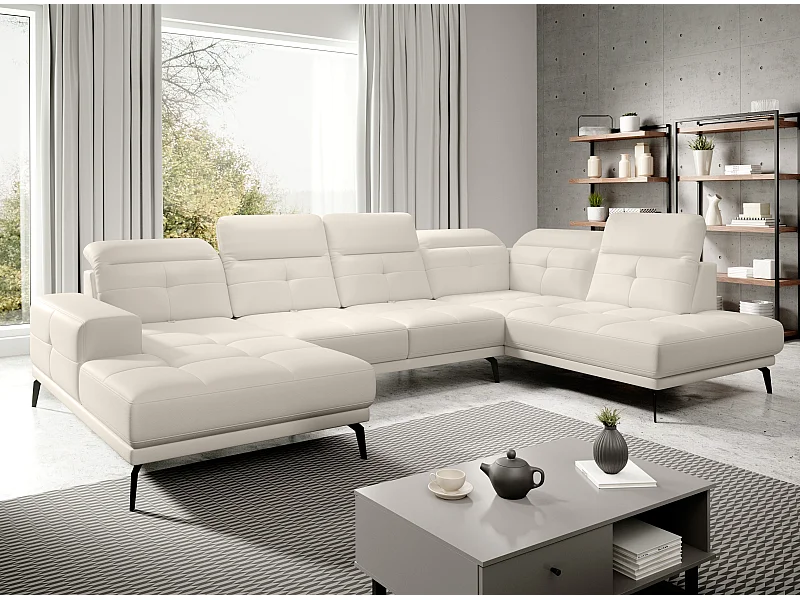 Canapé panoramique moderne simili cuir beige clair angle droit Versus 350cm