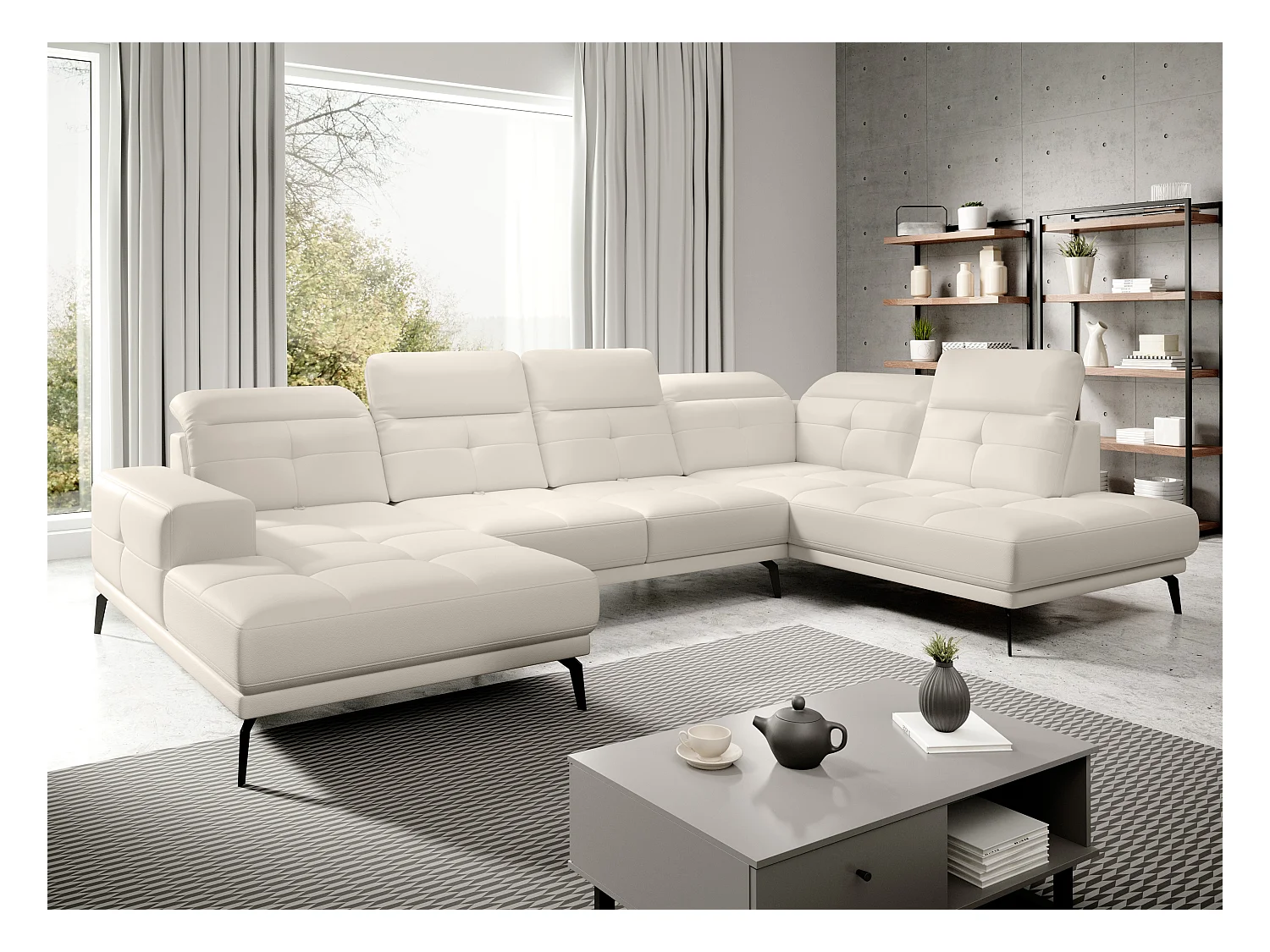 Canapé panoramique moderne simili cuir beige clair angle droit Versus 350cm