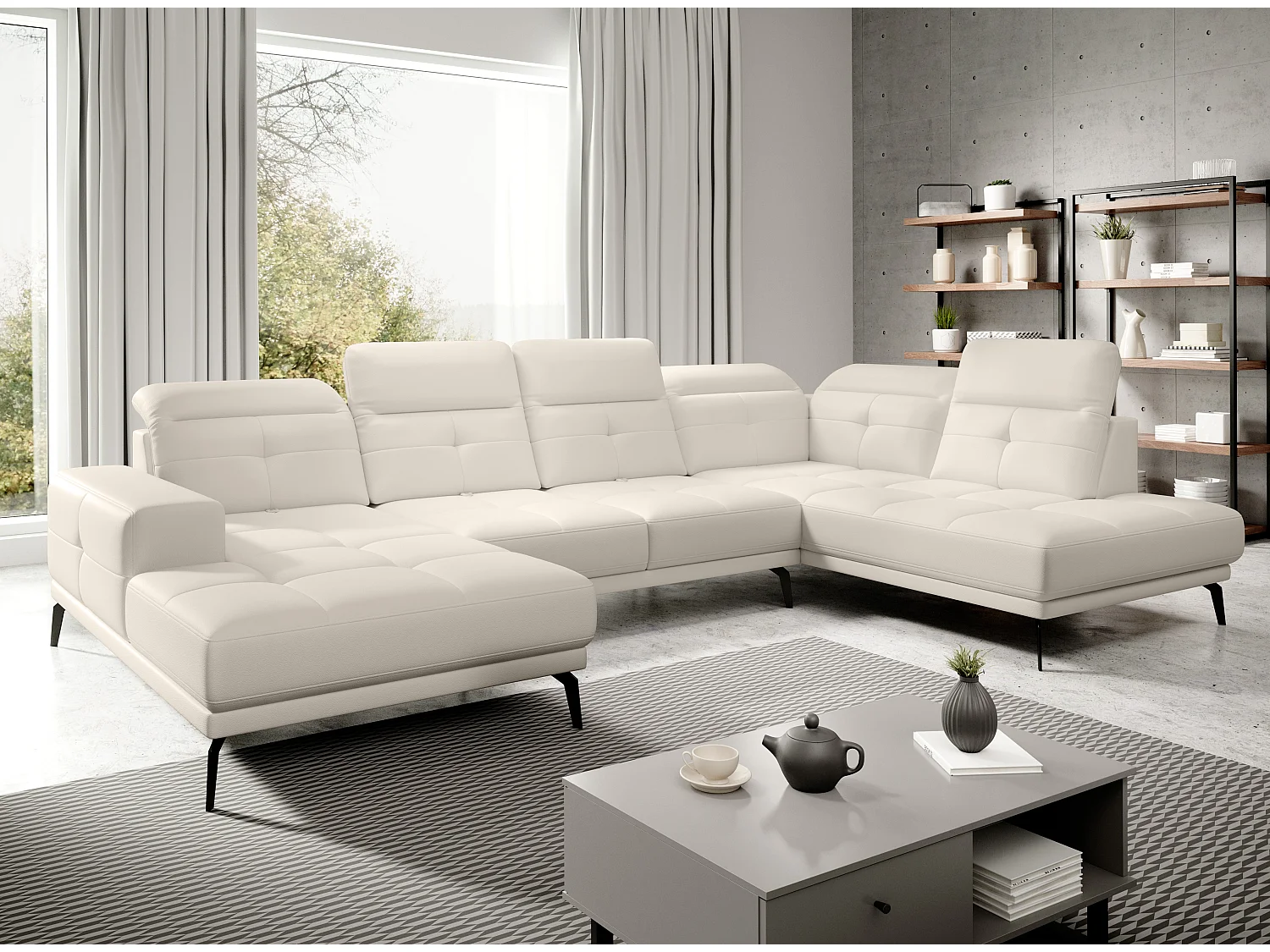 Canapé panoramique moderne simili cuir beige clair angle droit Versus 350cm