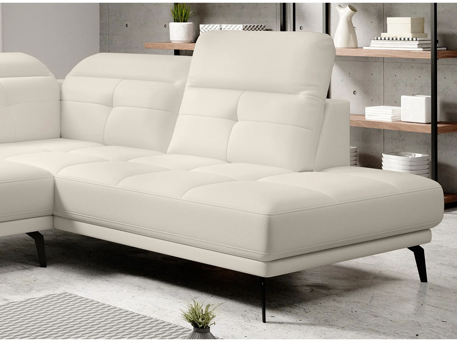 Canapé panoramique moderne simili cuir beige clair angle droit Versus 350cm