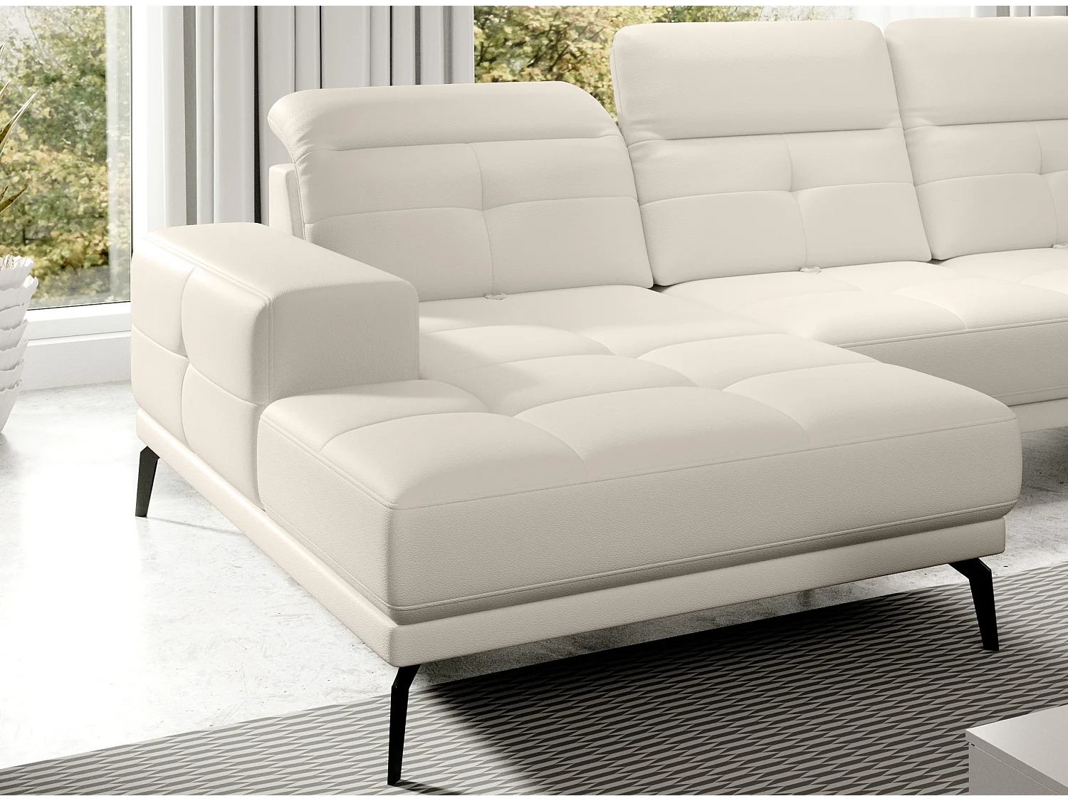 Canapé panoramique moderne simili cuir beige clair angle droit Versus 350cm