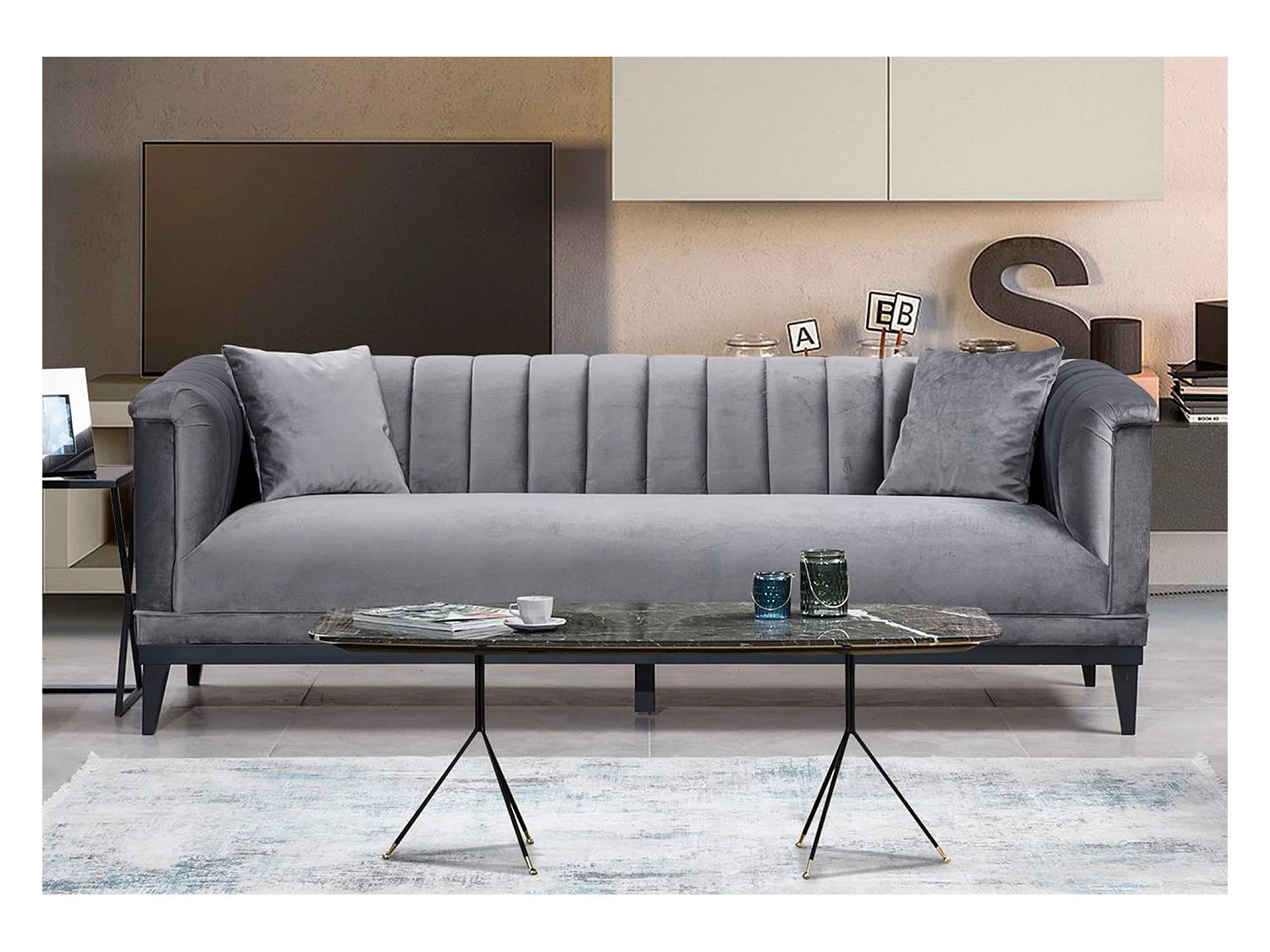 Robina grijs fluwelen 3-zitsbank 190 cm