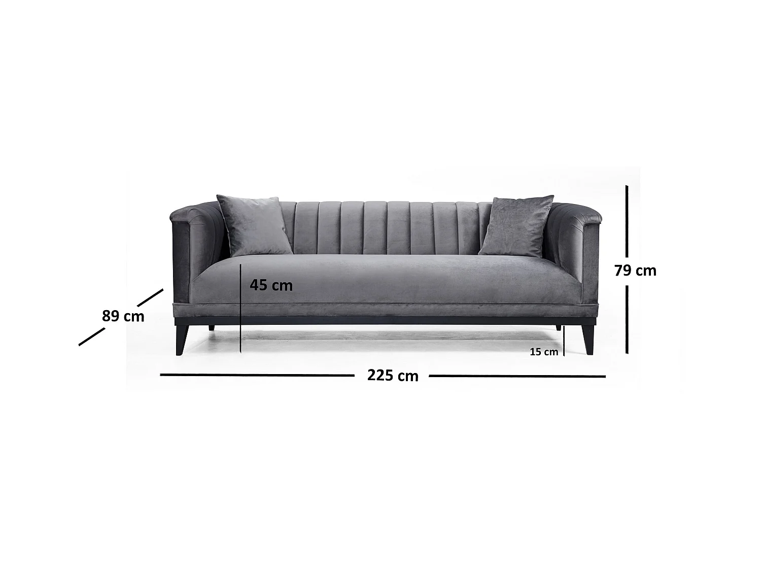 Robina grijs fluwelen 3-zitsbank 190 cm