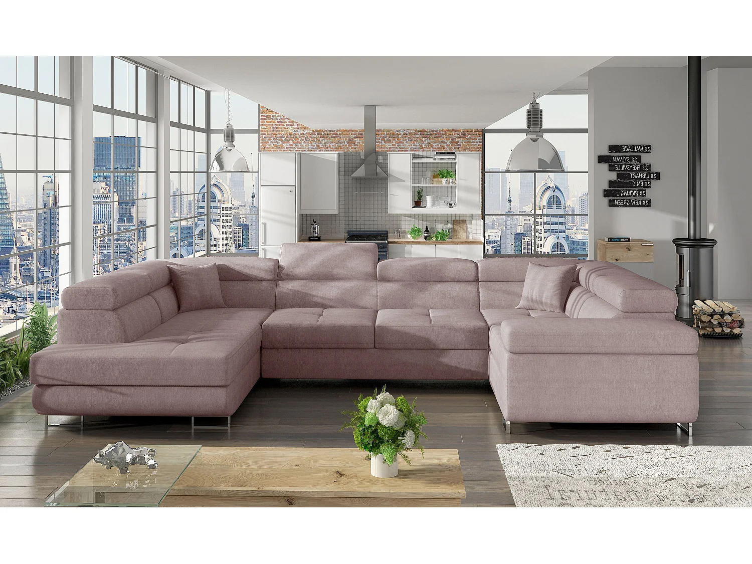 Linker U slaapbank in lichtroze stof met Tovy opbergdoos 340 cm