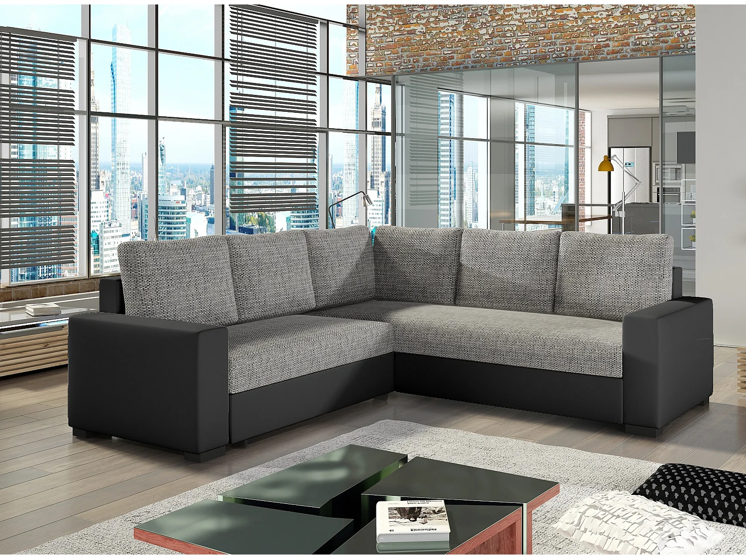 Canapé d'angle convertible simili noir et tissu gris clair chiné Travor 235cm