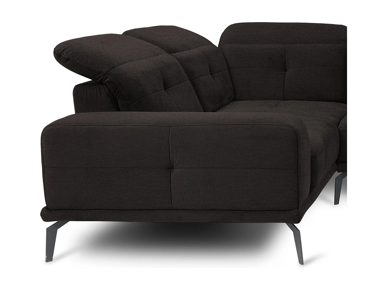 Panoramische designbank in bruine stof, hoekhoofdsteunen links, met Stan armleuning, 350 cm