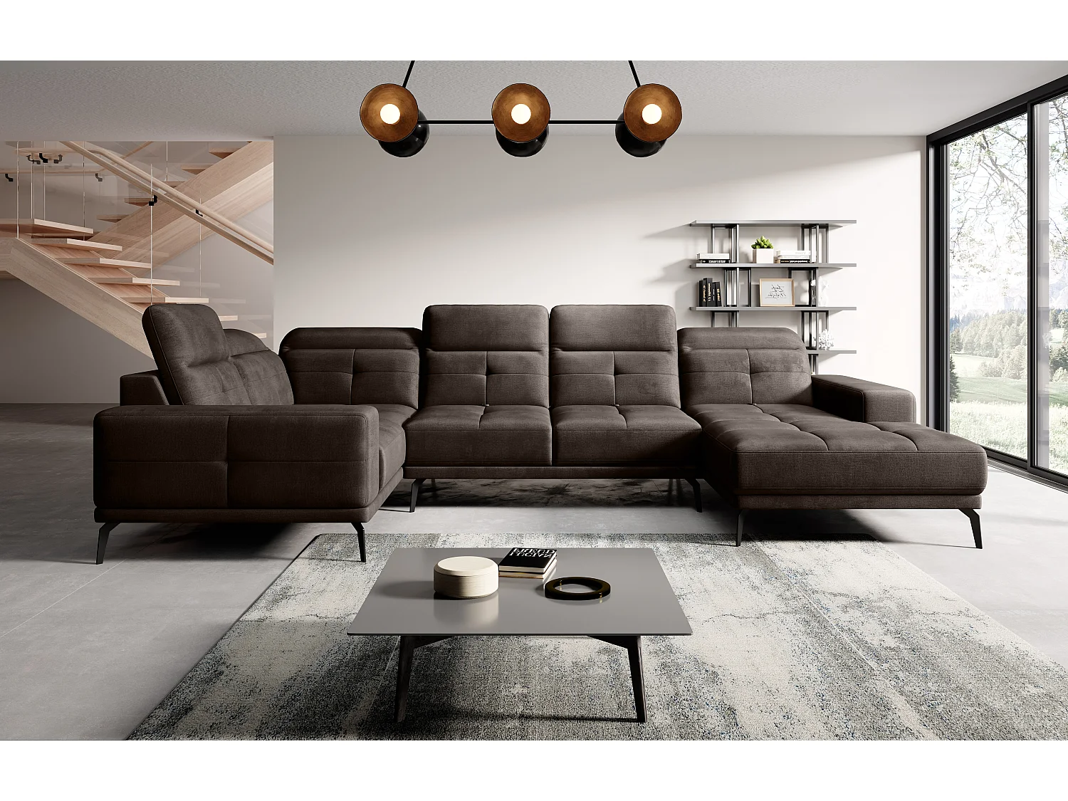 Canapé panoramique design tissu marron têtières angle gauche avec accoudoir Stan 350cm