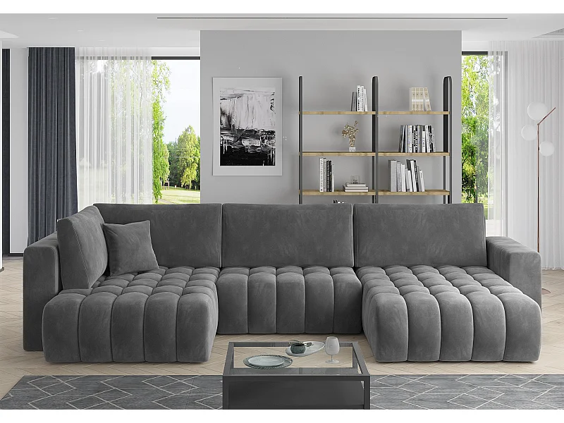 Canapé panoramique convertible design capitonné velours gris foncé méridienne droite Boston 350cm