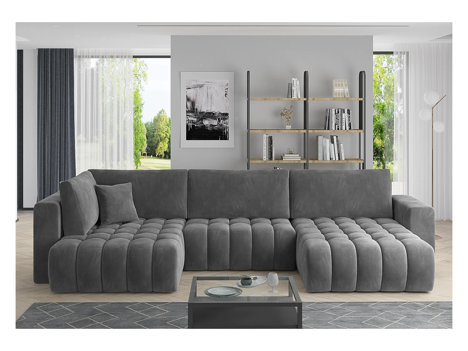 Designer panoramische slaapbank gecapitonneerd donkergrijs fluweel rechts chaise longue Boston 350 cm