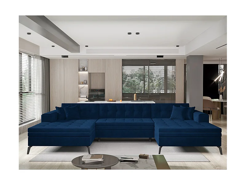 Canapé panoramique convertible velours capitonné bleu nuit Romy 350cm