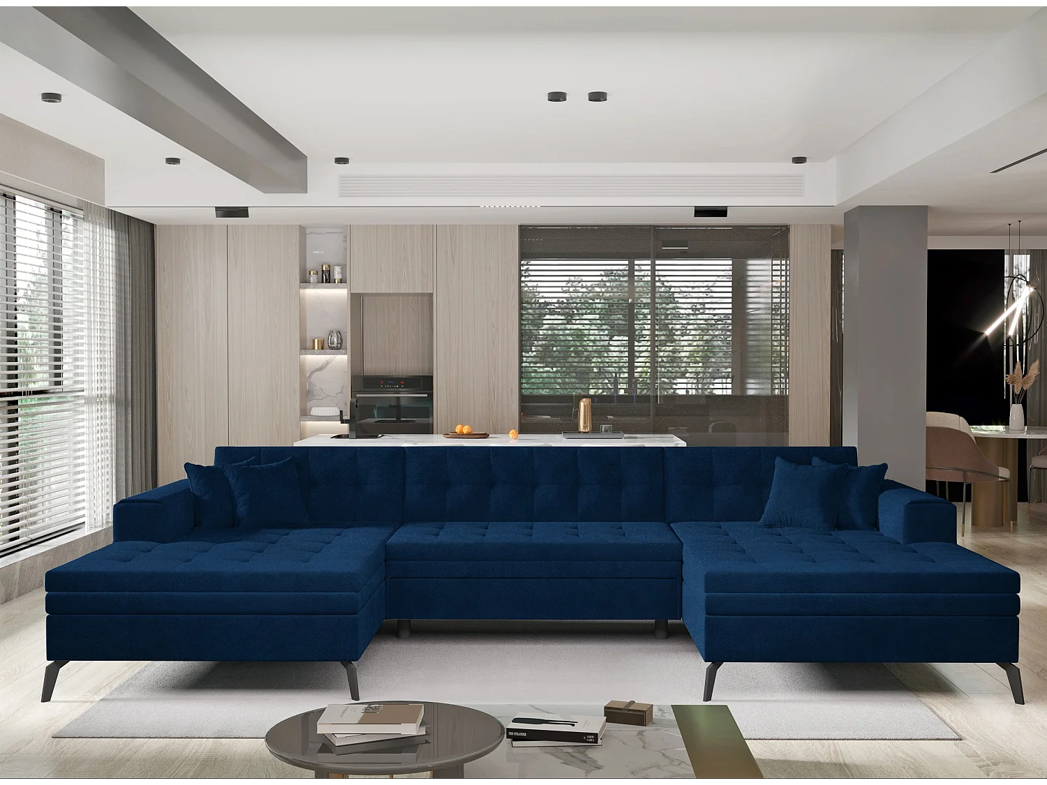 Canapé panoramique convertible velours capitonné bleu nuit Romy 350cm