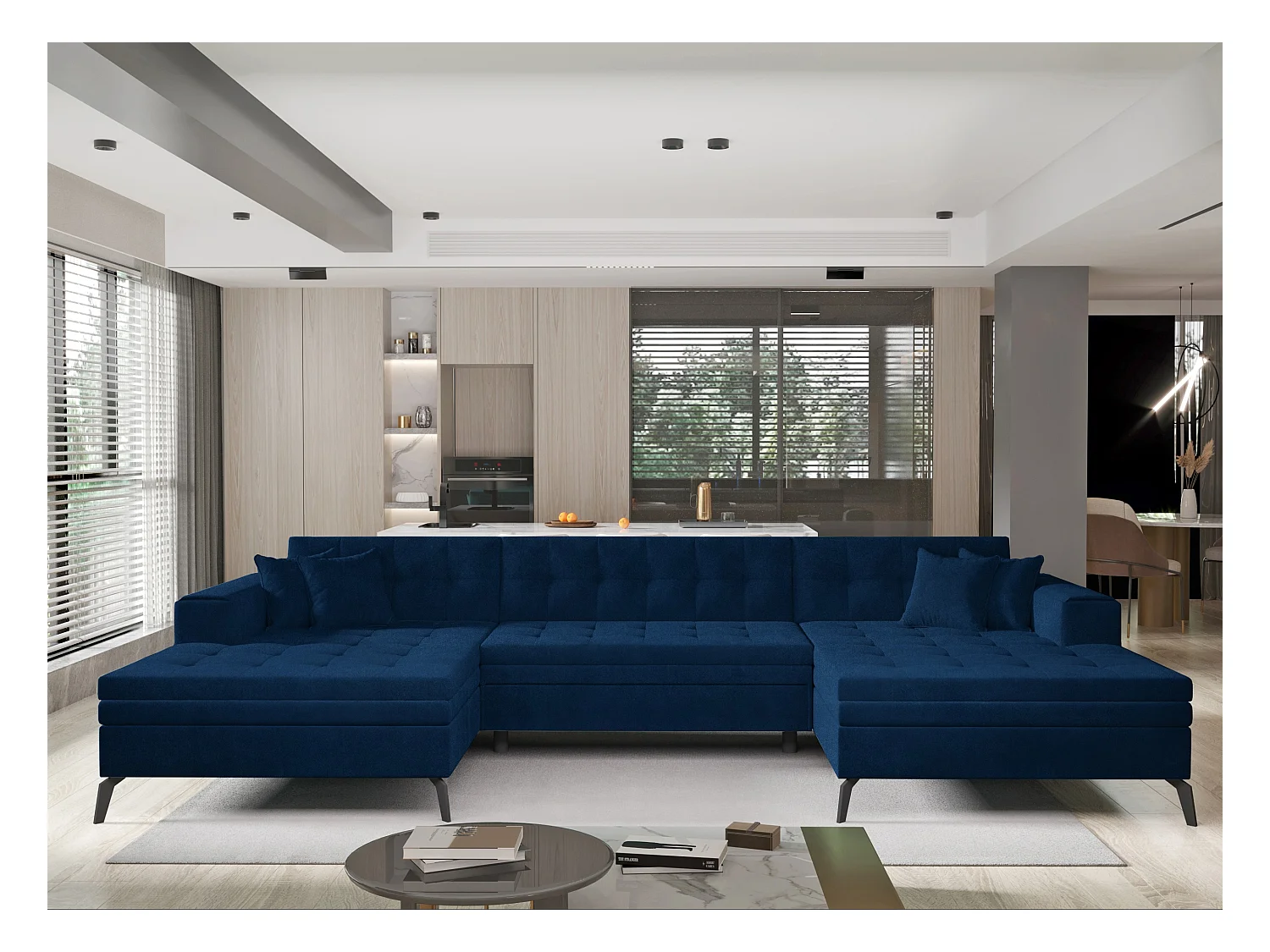 Canapé panoramique convertible velours capitonné bleu nuit Romy 350cm