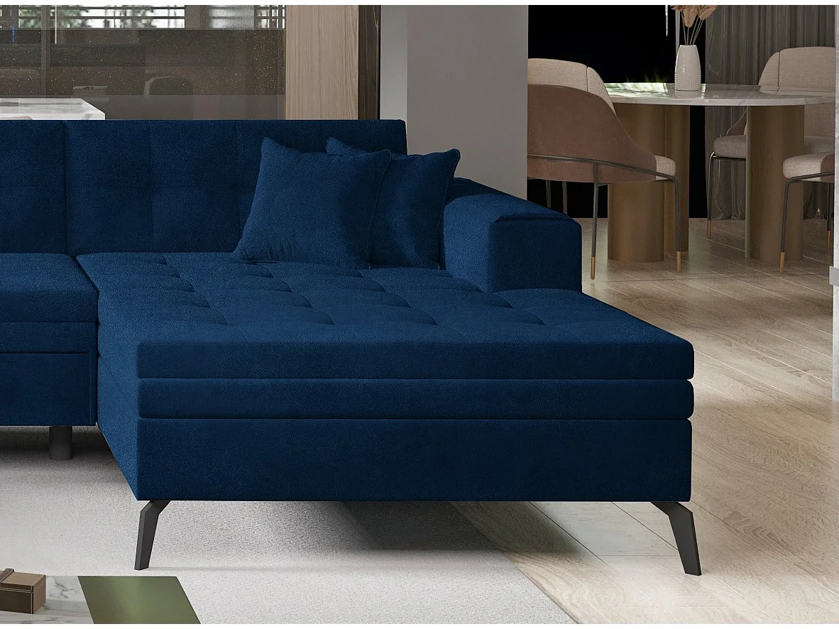 Canapé panoramique convertible velours capitonné bleu nuit Romy 350cm