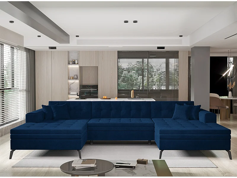 Romy nachtblauw gecapitonneerde fluwelen panoramische slaapbank 350 cm