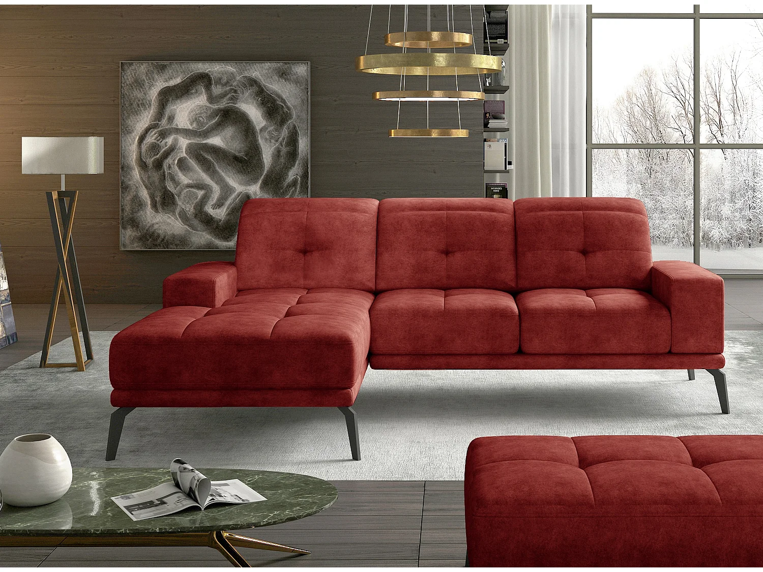 Canapé d'angle gauche 5 places tissu suédine rouge tomette Torpille 265cm