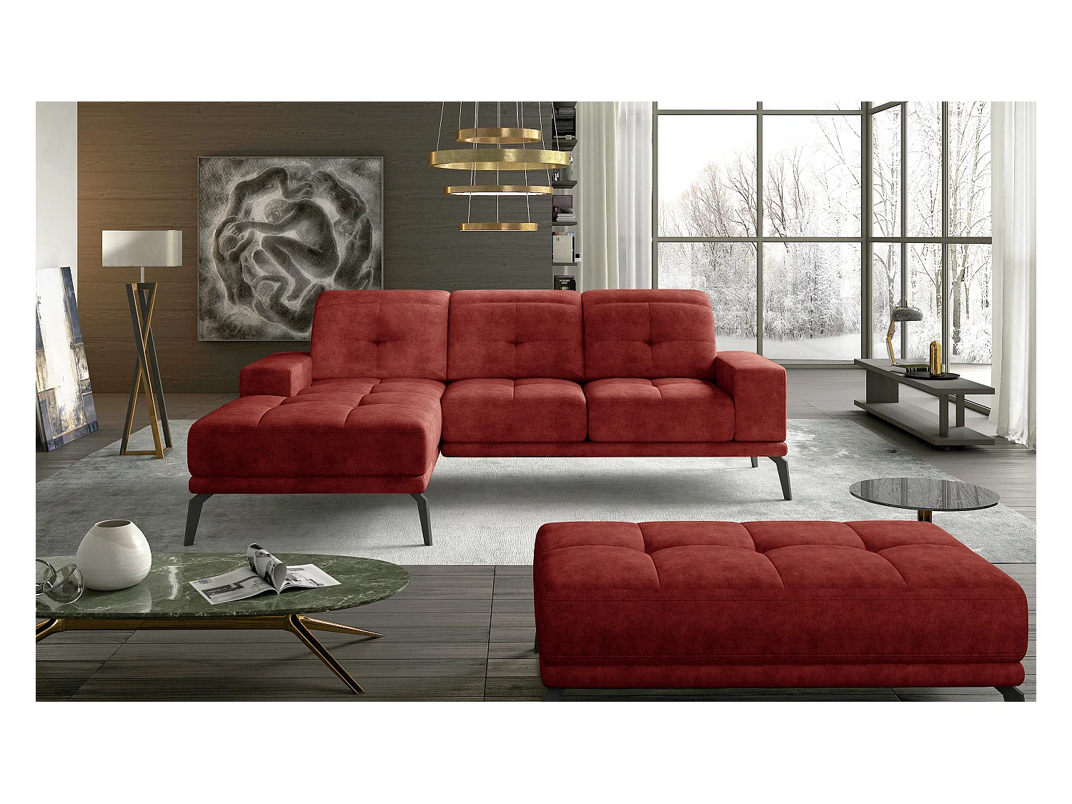 Canapé d'angle gauche 5 places tissu suédine rouge tomette Torpille 265cm