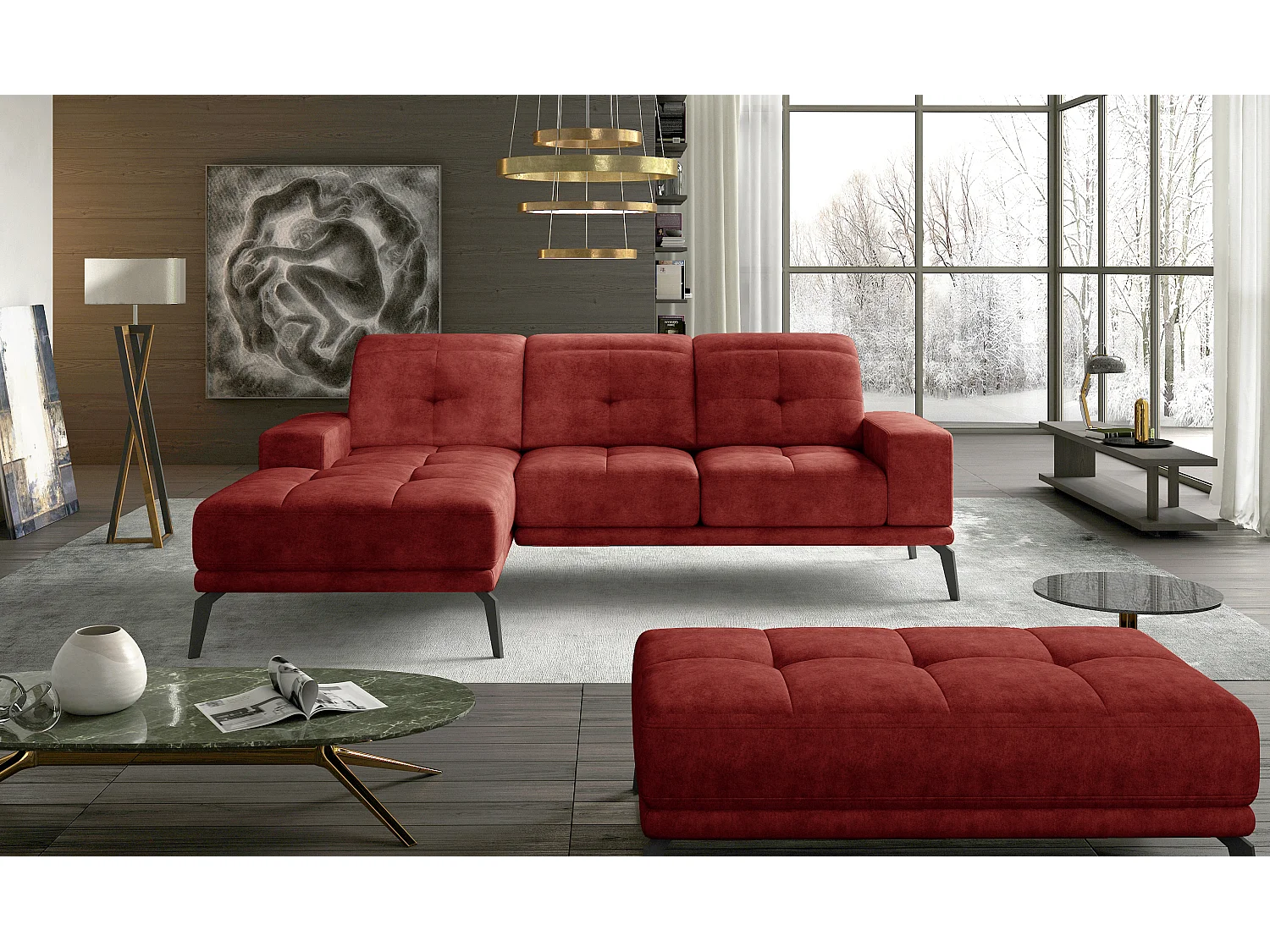 Canapé d'angle gauche 5 places tissu suédine rouge tomette Torpille 265cm