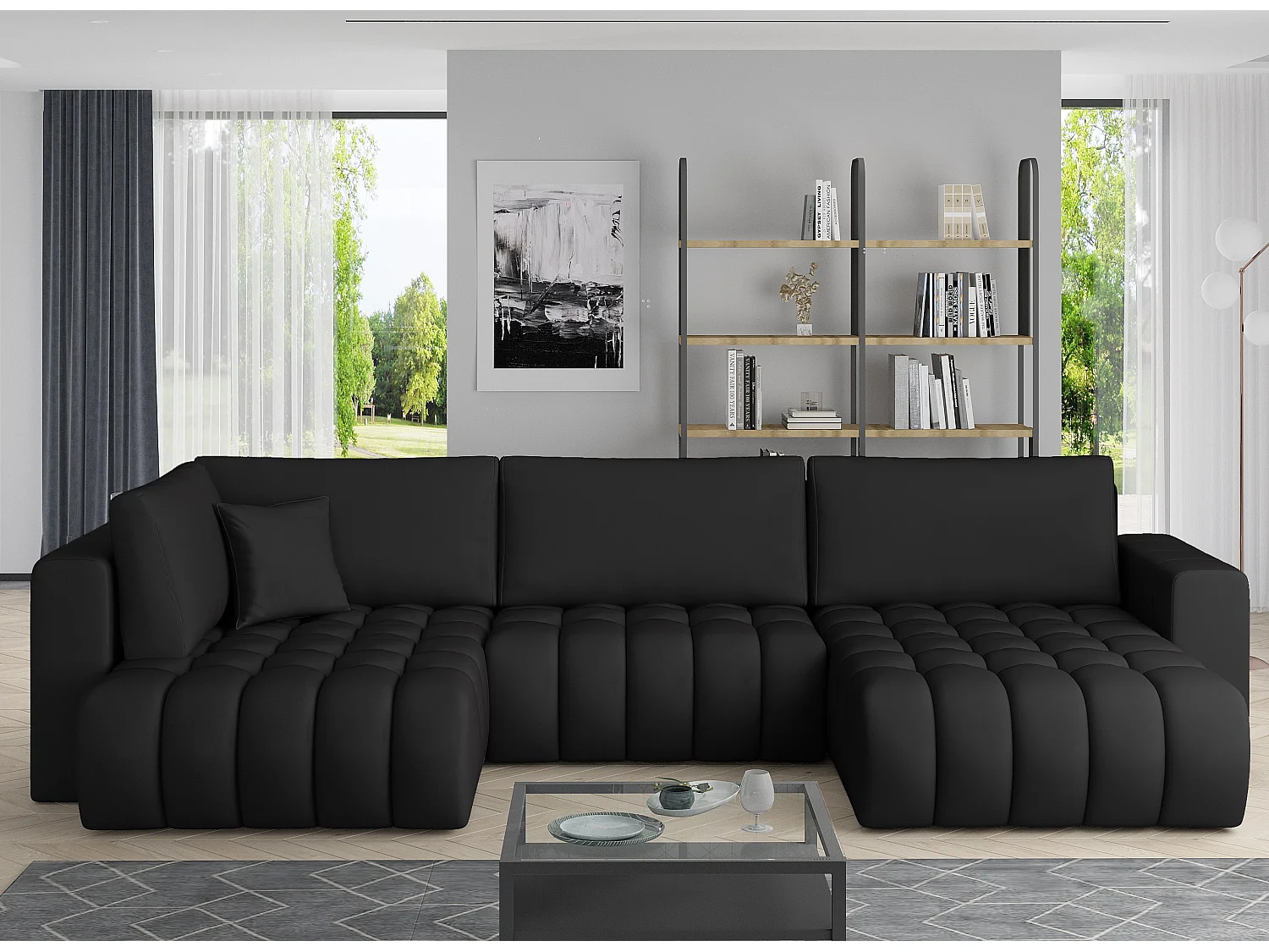 Canapé panoramique convertible design capitonné simili cuir noir méridienne droite Boston 350cm