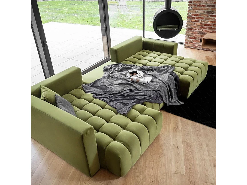 Canapé panoramique convertible design capitonné simili cuir noir méridienne droite Boston 350cm