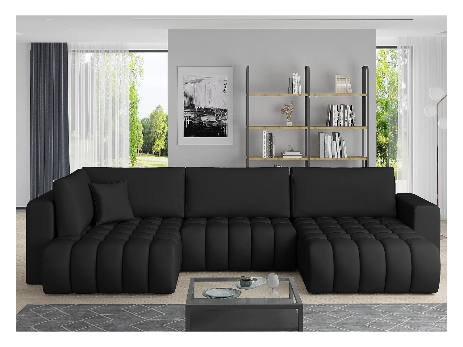 Canapé panoramique convertible design capitonné simili cuir noir méridienne droite Boston 350cm