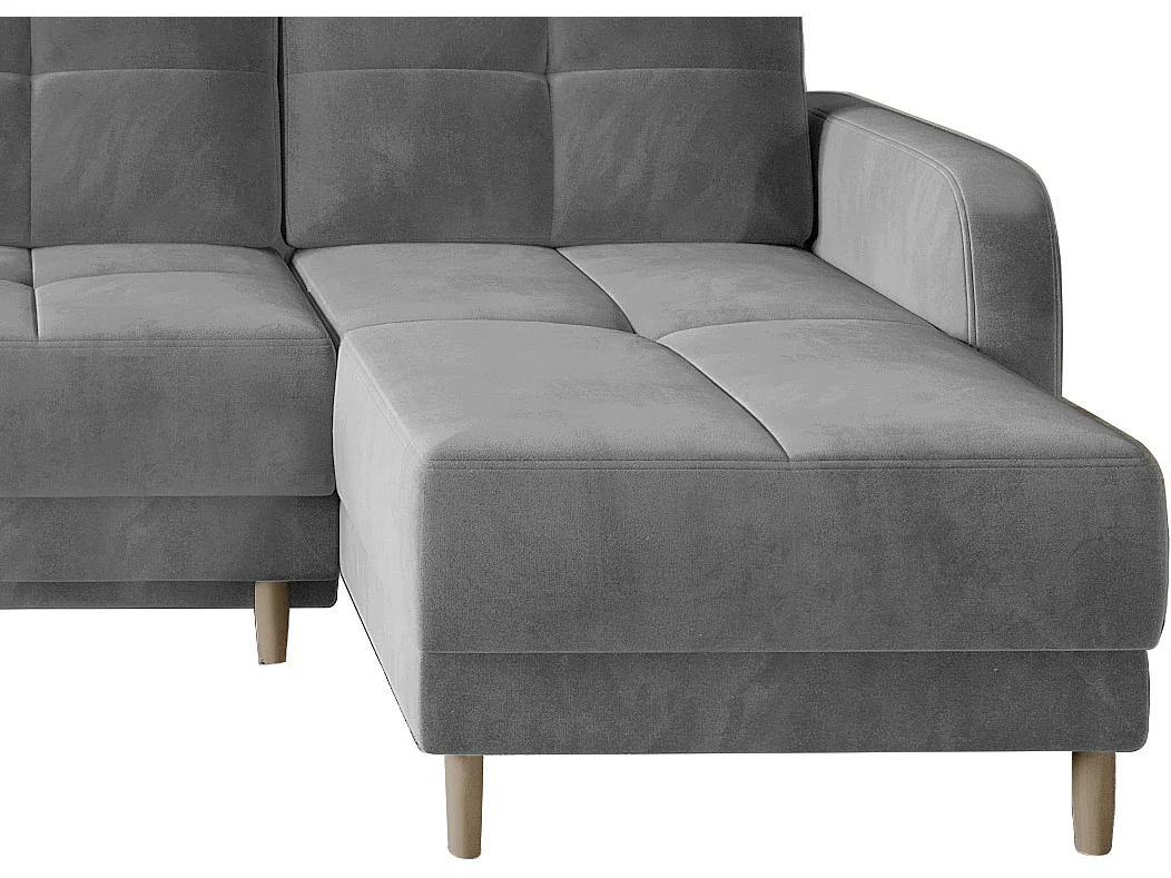 Sofá esquinero convertible y reversible de tela KINDO - Patas de madera clara-Color Gris